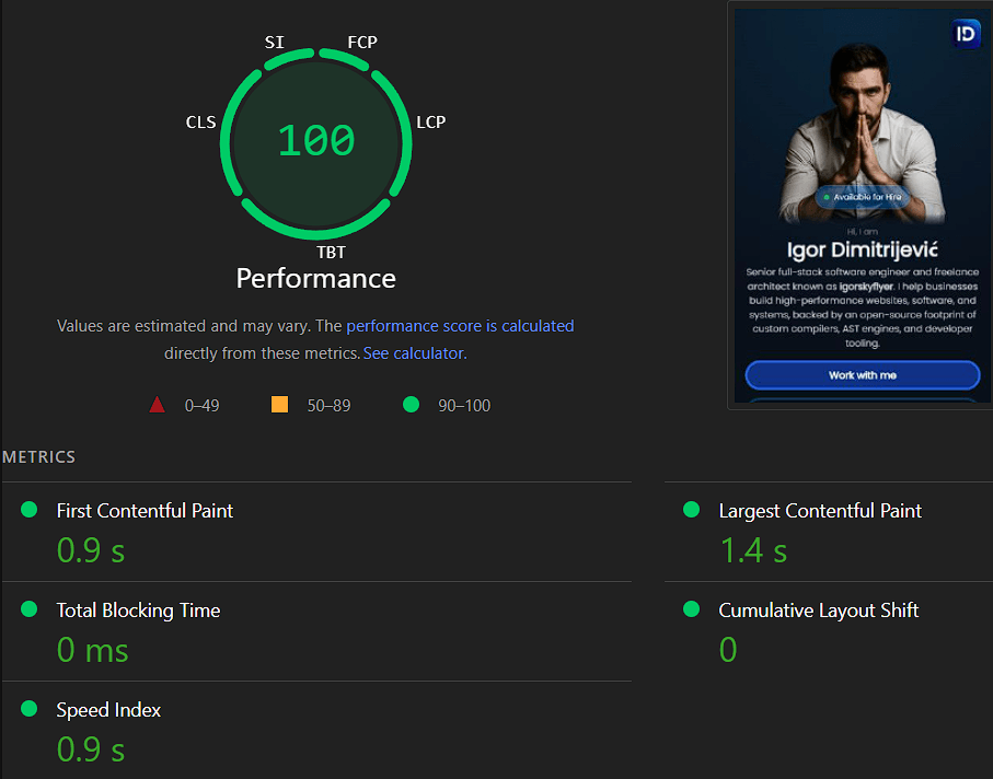 PageSpeed Insights mobile report showing 100 scores for Performance, Accessibility, Best Practices, and SEO