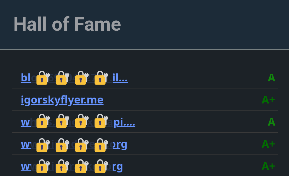 igorskyflyer.me listed in the SecurityHeaders.com Hall of Fame