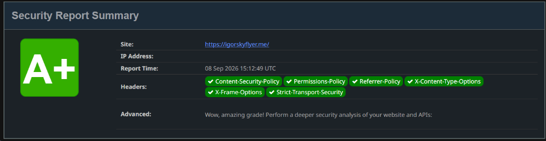 SecurityHeaders.com report showing an A+ grade for igorskyflyer.me